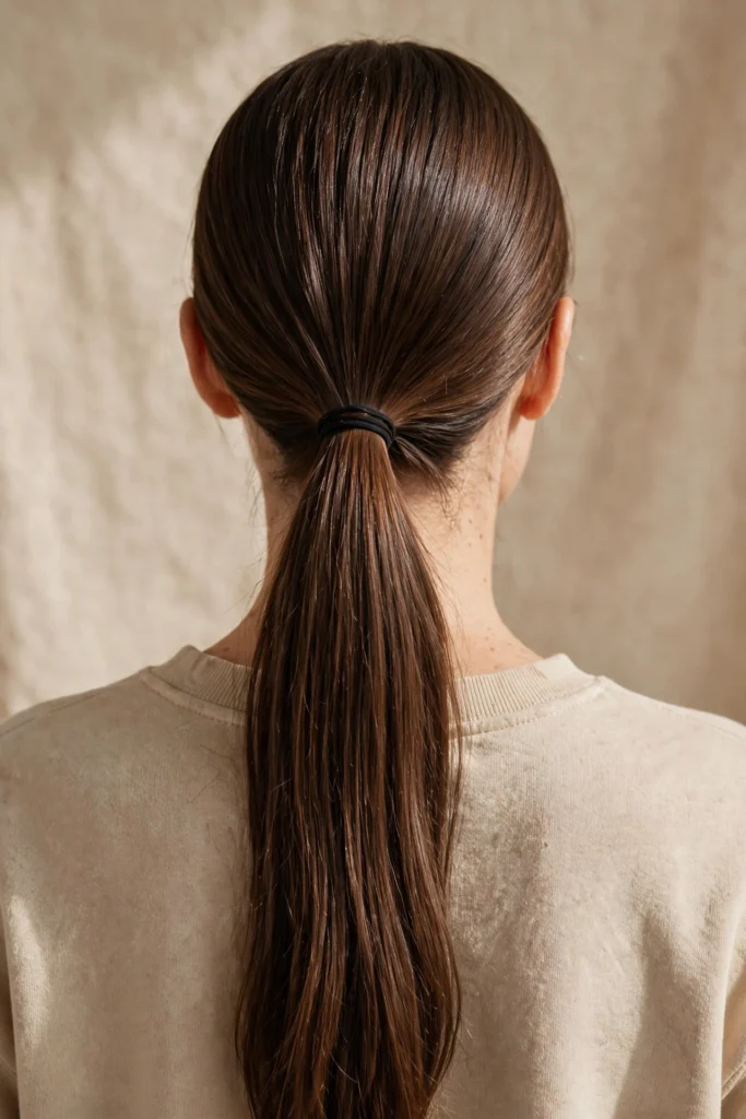 Back view of long hair in a neat sleek low ponytail for everyday wear