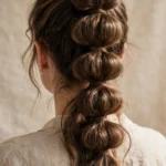 Back view of long hair styled in a bubble braid ponytail with even rounded sections