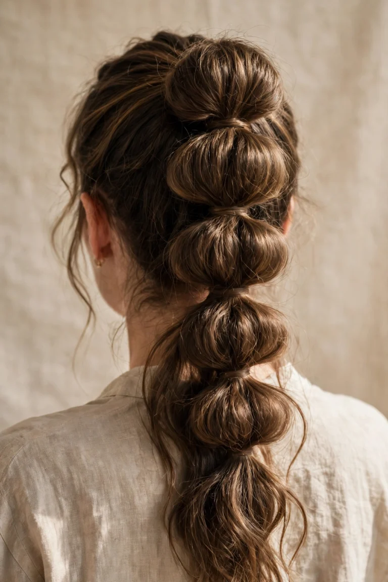 Back view of long hair styled in a bubble braid ponytail with even rounded sections