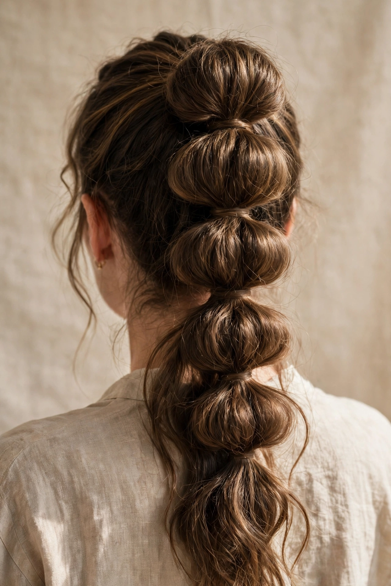 Back view of long hair styled in a bubble braid ponytail with even rounded sections