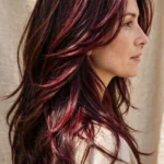Side view of layered long brown hair with rich burgundy tones in daylight