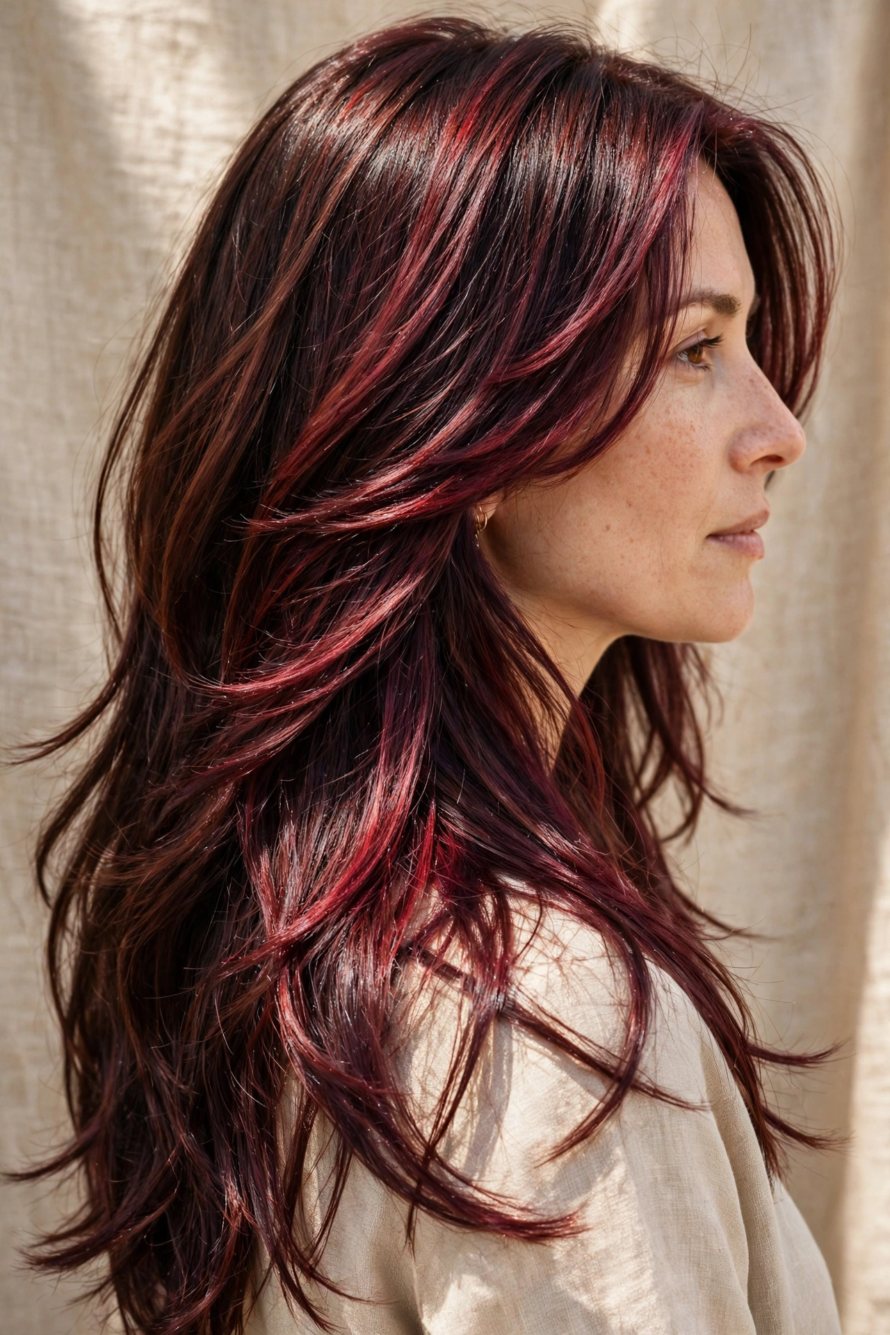 Side view of layered long brown hair with rich burgundy tones in daylight