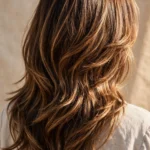 Back view of long brown hair with soft caramel highlights in natural light