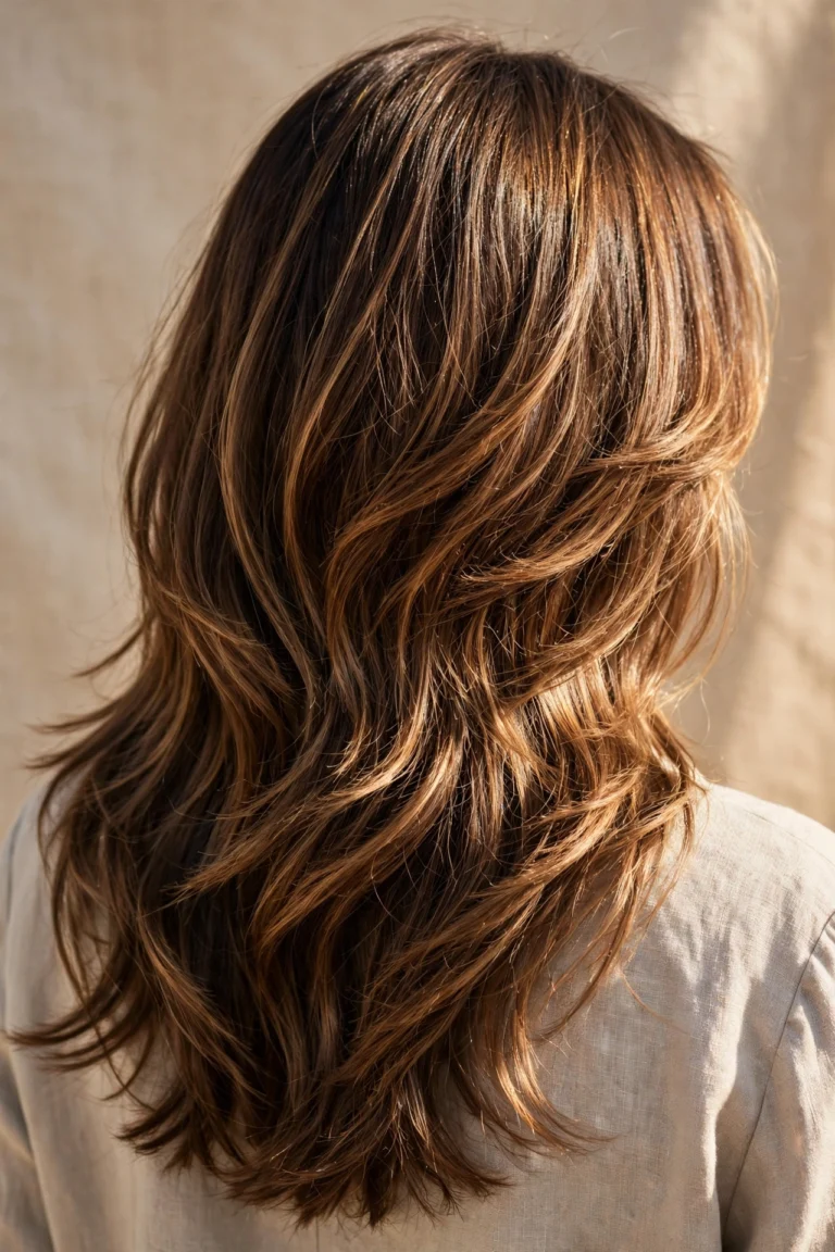 Back view of long brown hair with soft caramel highlights in natural light