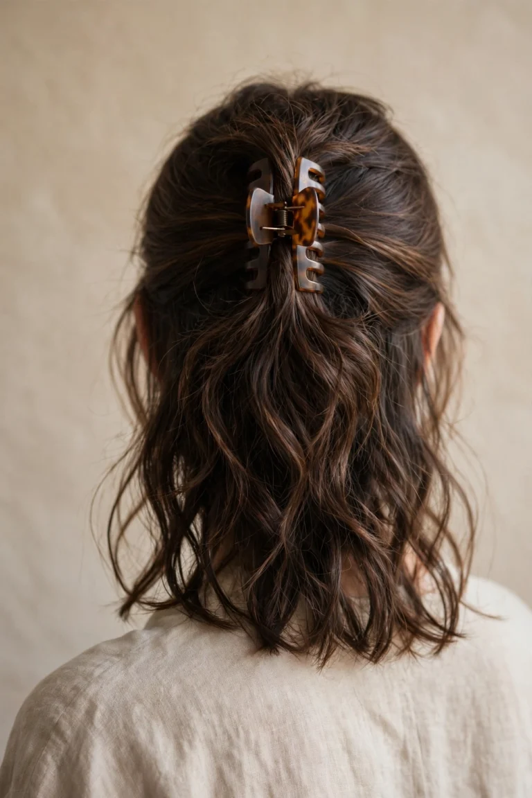 Back view of medium length hair held up in a claw clip hairstyle with soft waves below the clip