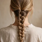 Back view of long hair in a single neat French braid down the back