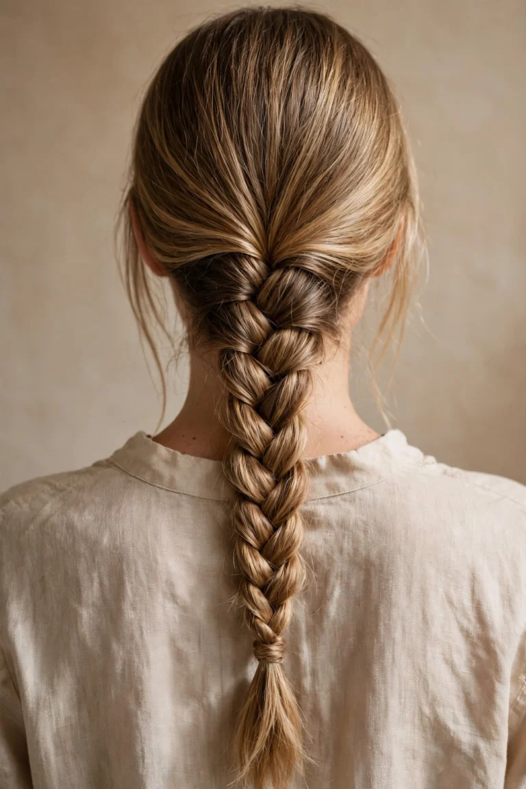 Back view of long hair in a single neat French braid down the back