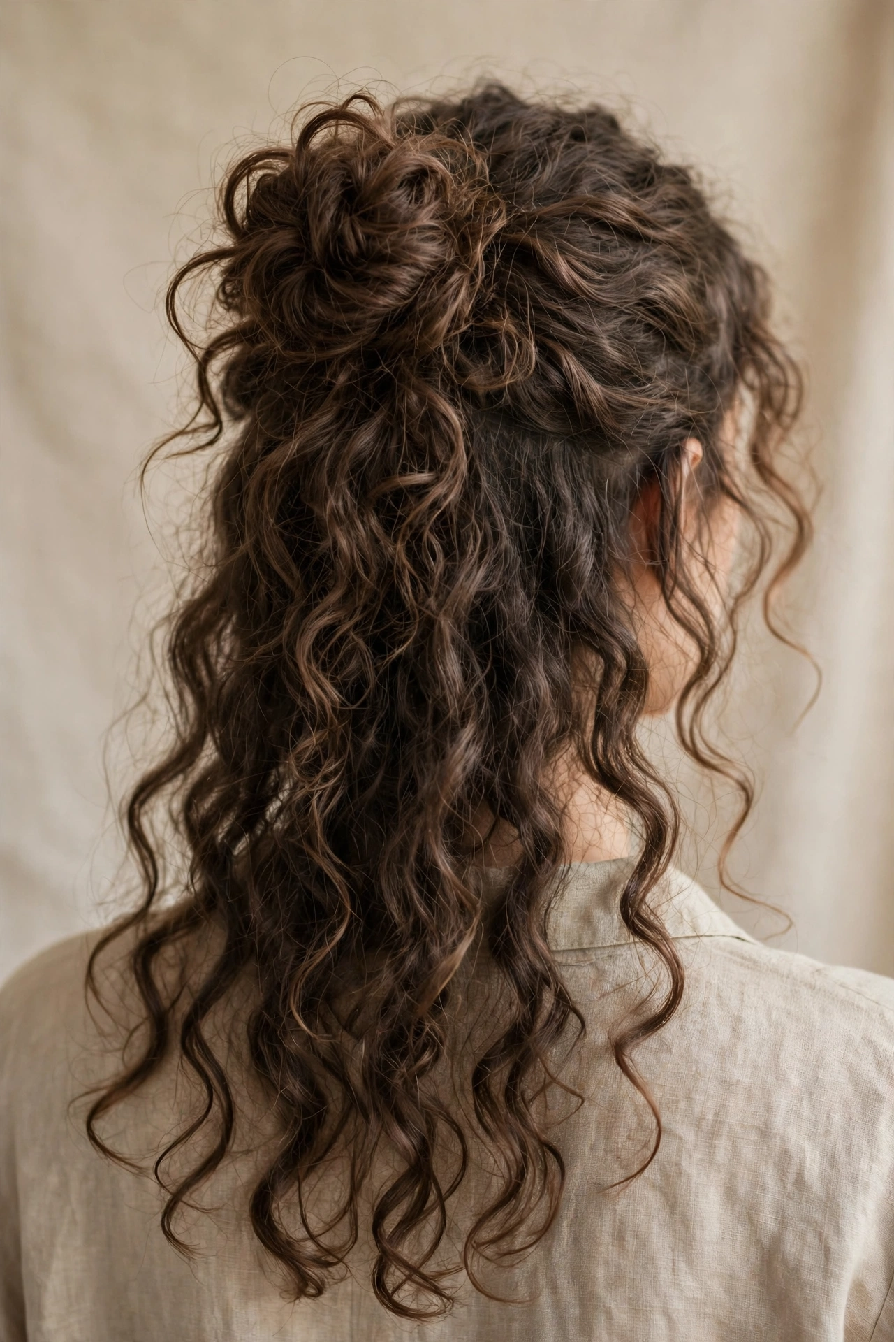 Back view of long wavy curly hair styled in a loose half-up half-down curly bun
