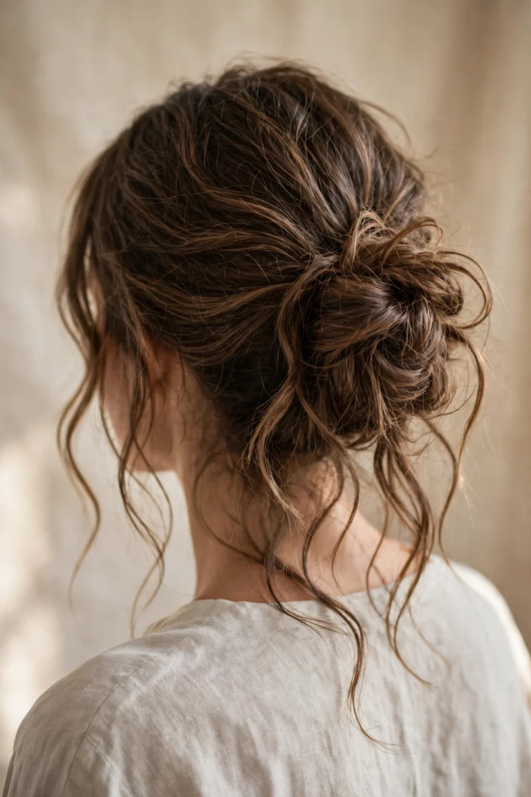 Back view of long wavy hair in a loose relaxed messy bun with soft face-framing strands