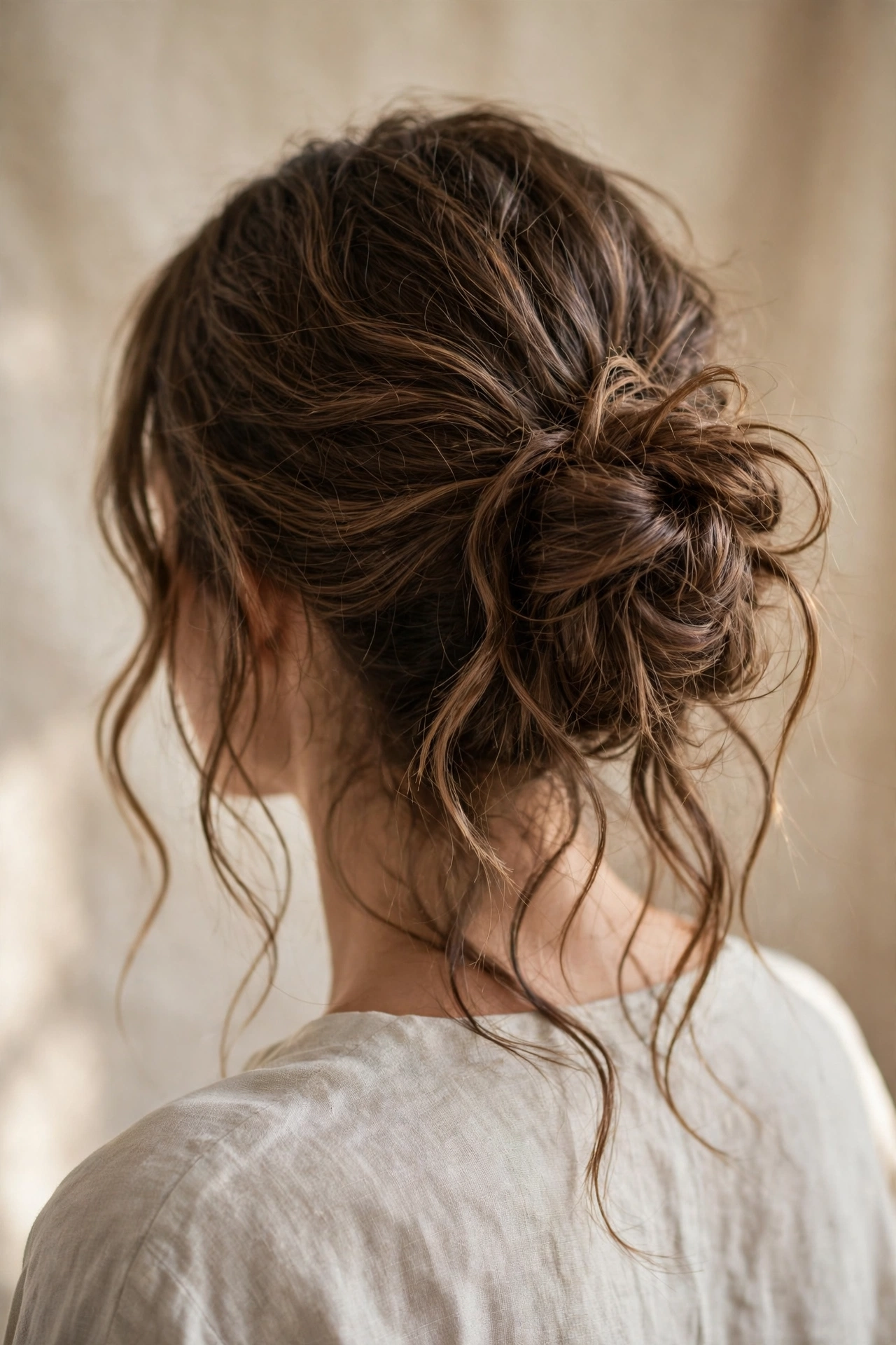 Back view of long wavy hair in a loose relaxed messy bun with soft face-framing strands
