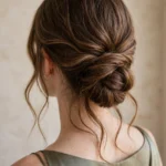 Back view of long hair in an elegant simple low bun with soft loose waves for a wedding guest look