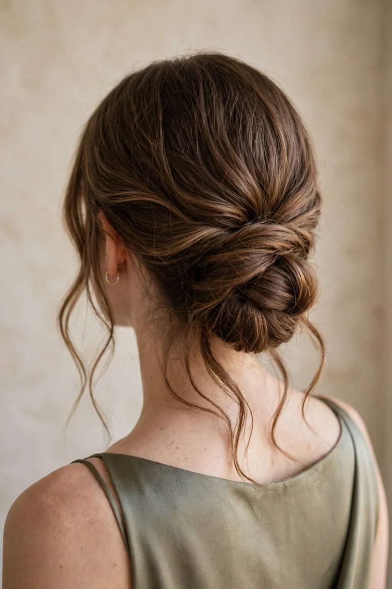 Back view of long hair in an elegant simple low bun with soft loose waves for a wedding guest look